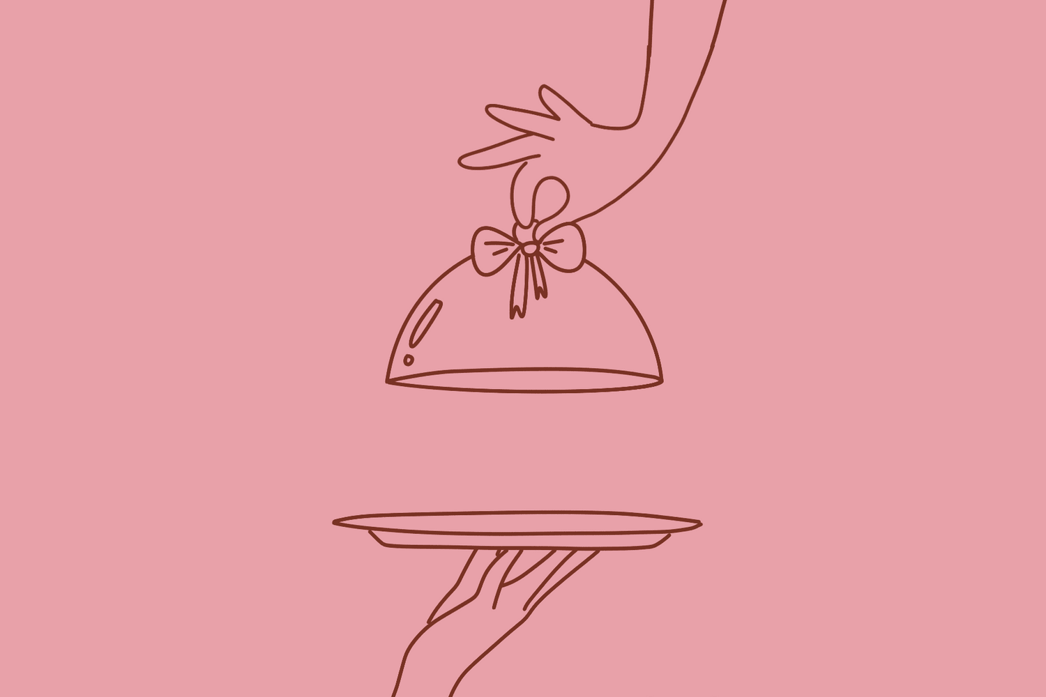 Minimalist pink line art of hands presenting a serving tray with a domed lid tied with a bow.