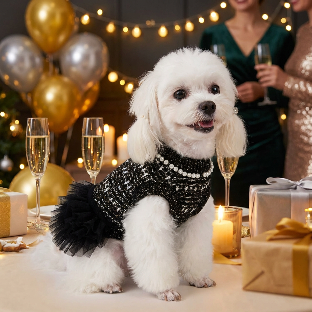 Chic Black Pearl Tweed Tulle Pet Dress