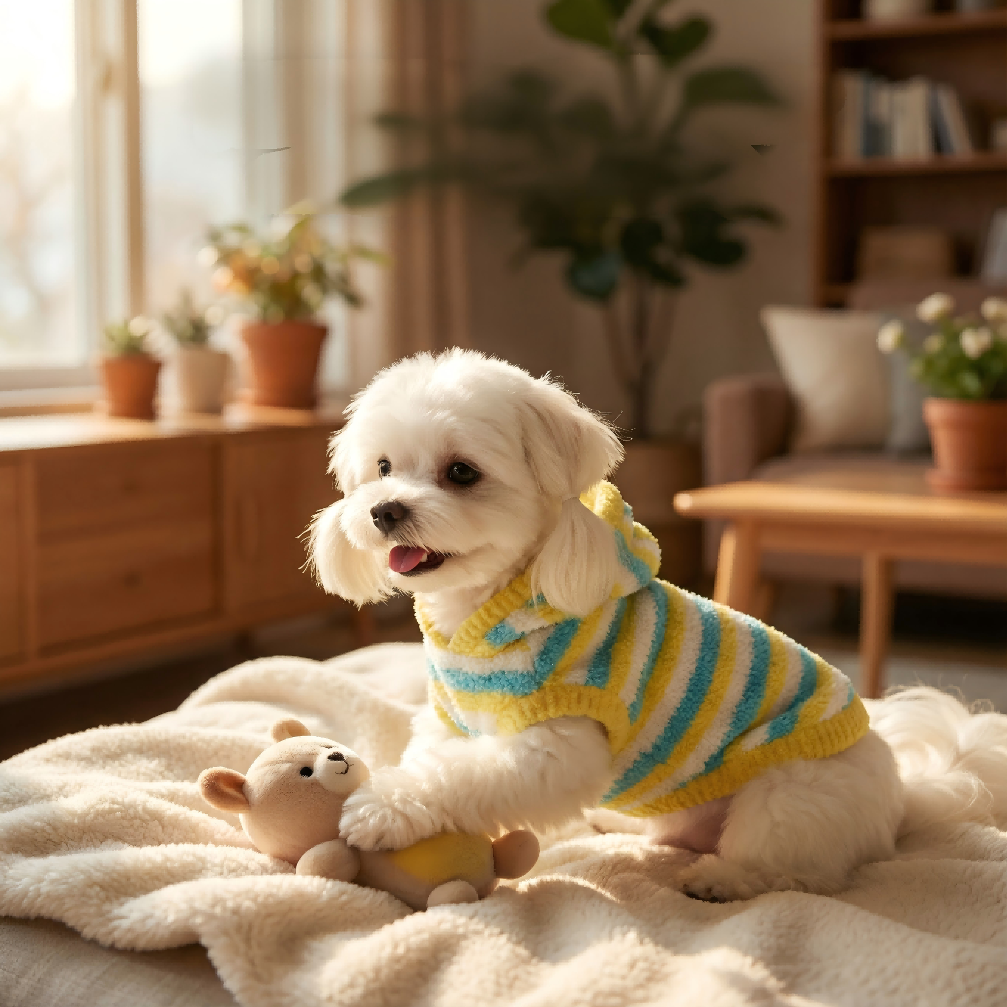 Chic Yellow-Blue-White Striped Fuzzy Hooded