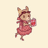 Cute cartoon animal in a heart dress with bow and heels holding a good luck card