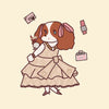 Cute cartoon dog in elegant dress with accessories, pink bow, holding a drink, fashion themed.