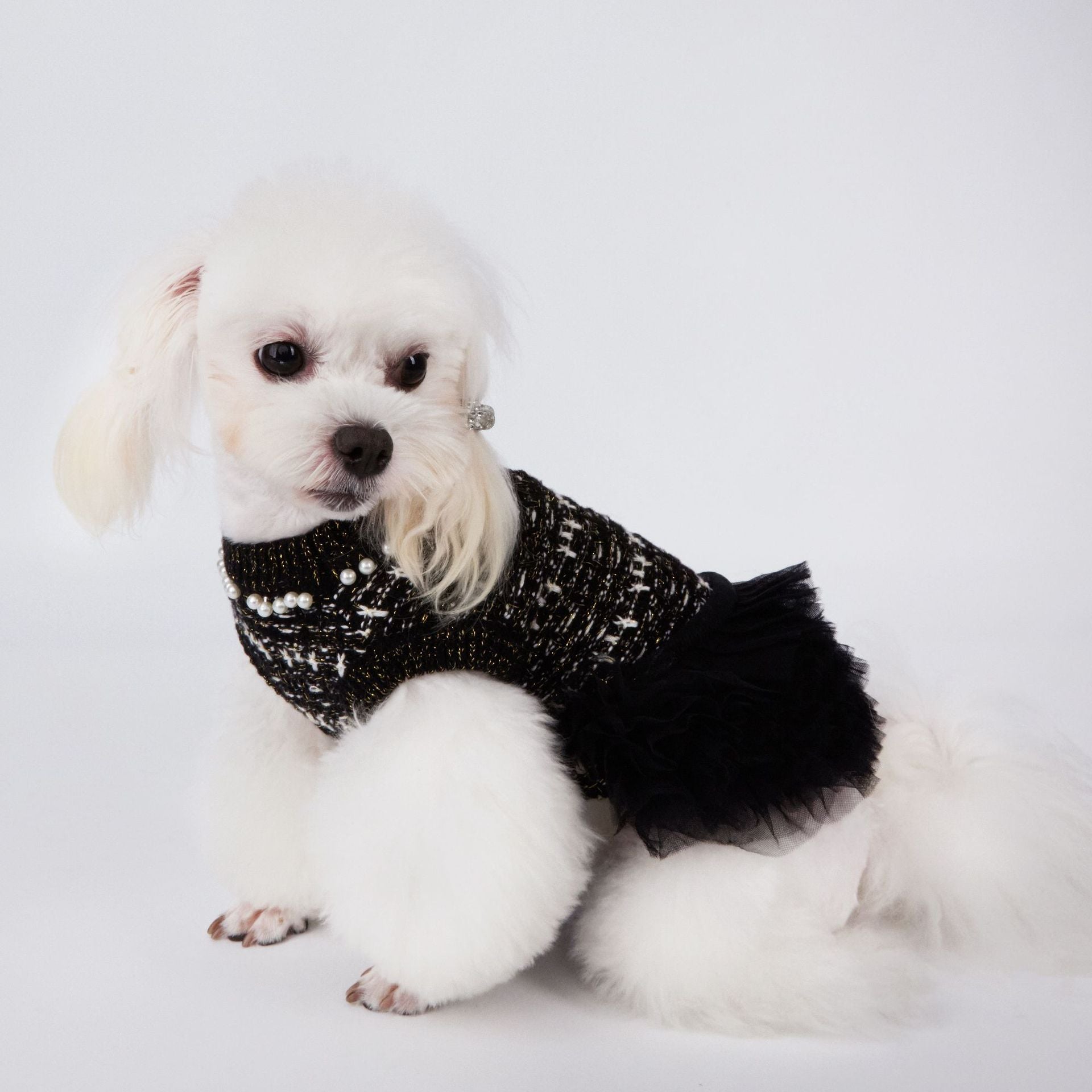 Chic Black Pearl Tweed Tulle Pet Dress