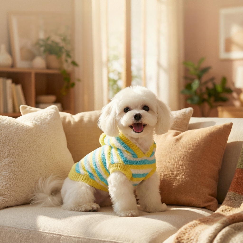 Chic Yellow-Blue-White Striped Fuzzy Hooded