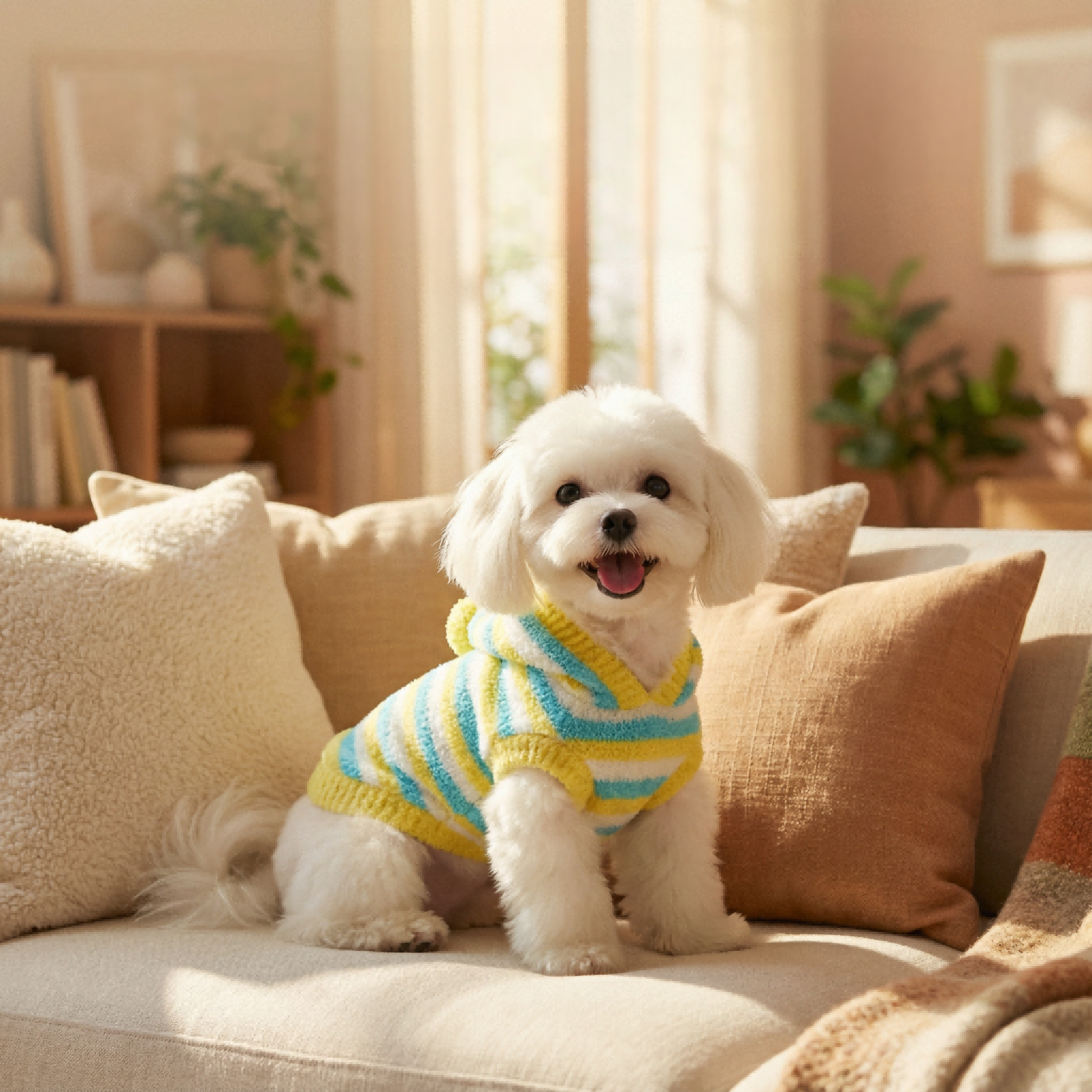 Chic Yellow-Blue-White Striped Fuzzy Hooded