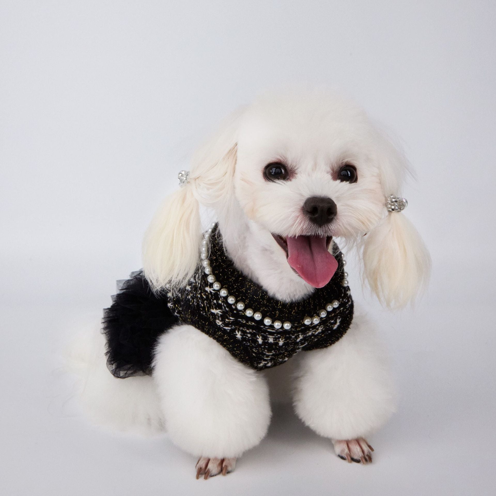 Chic Black Pearl Tweed Tulle Pet Dress