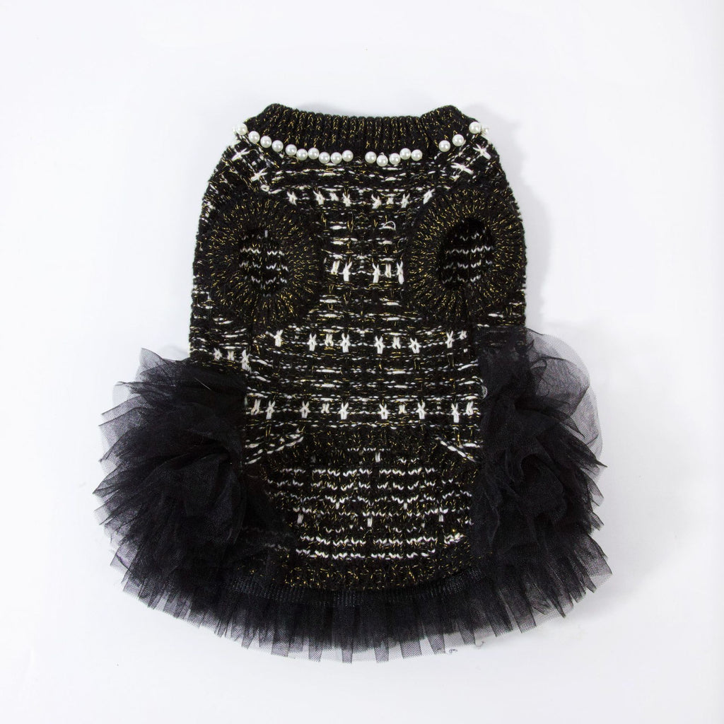 Chic Black Pearl Tweed Tulle Pet Dress