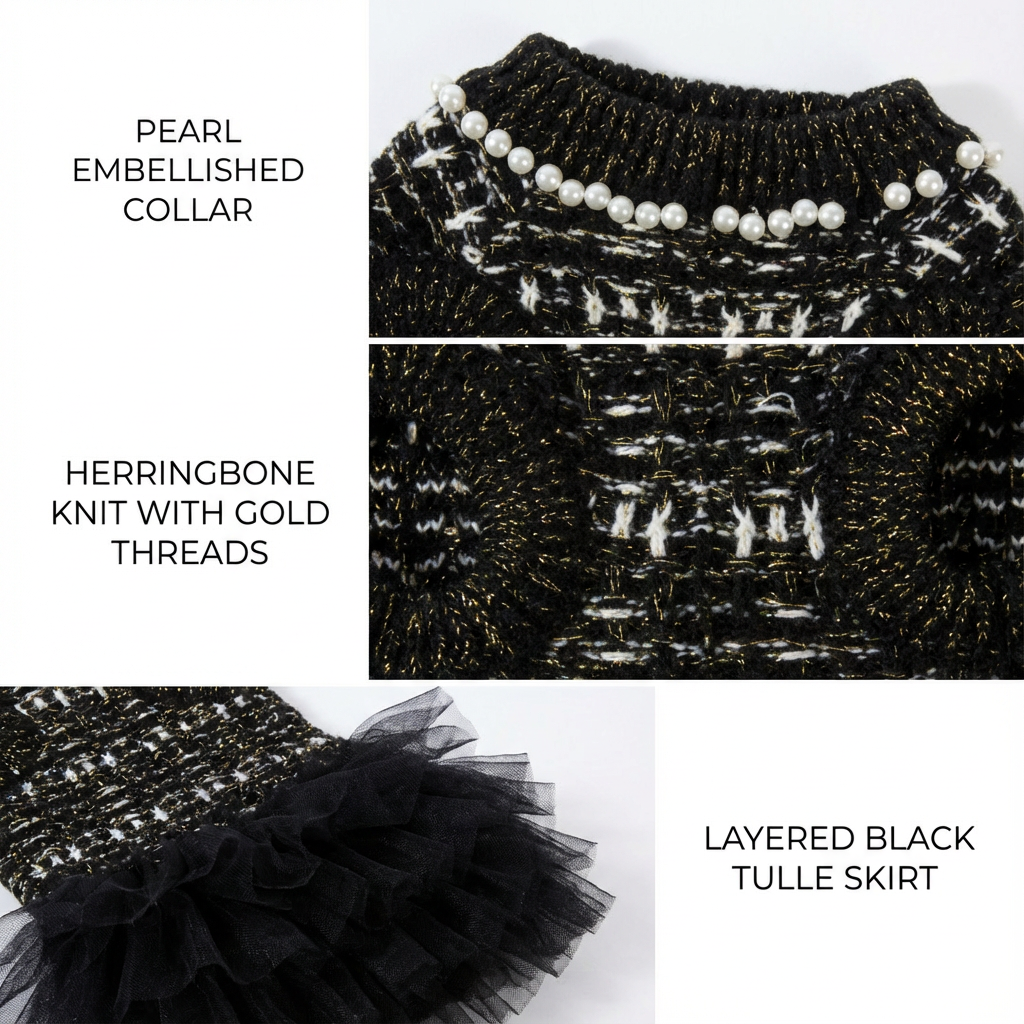 Chic Black Pearl Tweed Tulle Pet Dress