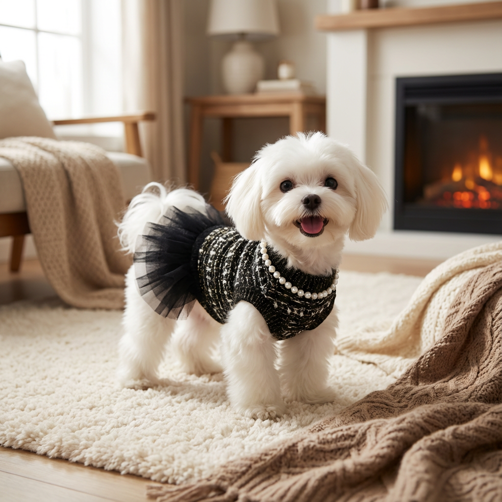 Chic Black Pearl Tweed Tulle Pet Dress