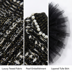 Chic Black Pearl Tweed Tulle Pet Dress