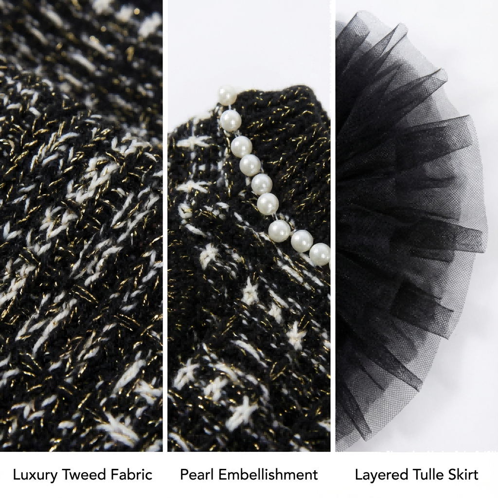 Chic Black Pearl Tweed Tulle Pet Dress