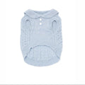 Light blue hypoallergenic acrylic dog sweater with cable knit and button details.
