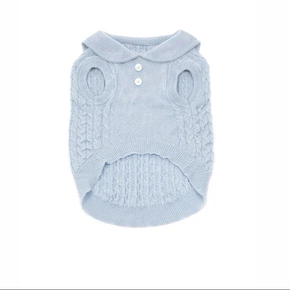 Light blue hypoallergenic acrylic dog sweater with cable knit and button details.
