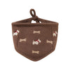Brown hypoallergenic dog bandana with white dog and bone pattern, soft knit accessory.